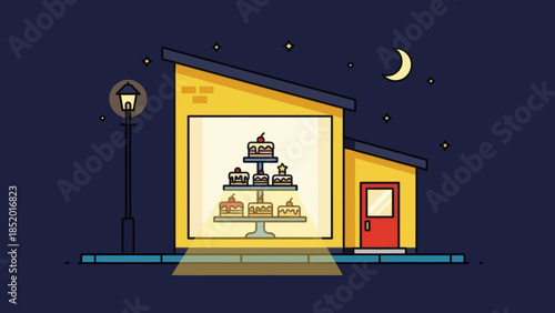 Bakery shop window display at night with cakes and desserts.