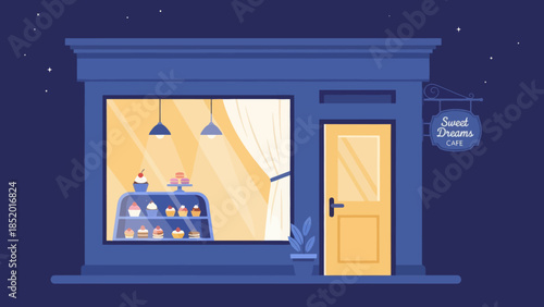 Bakery Shopfront at Night with Illuminated Interior Display.