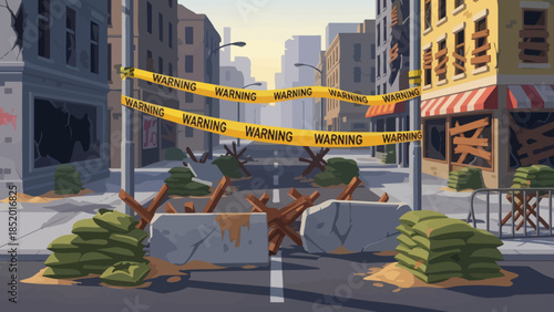 Barricaded City Street with Warning Tape and Sandbags.