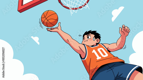 Basketball player in action reaching for the hoop with intense focus and determination.