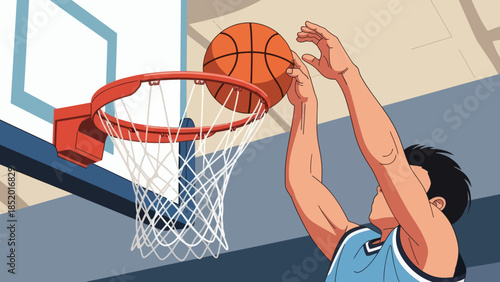 Basketball player scoring a point during an intense game.