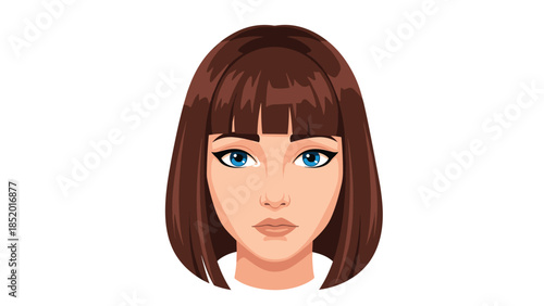 Vector illustration of a beautiful young woman's face with brown hair, a bob haircut, and expressive blue eyes.