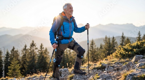 A senior hiker wearing a futuristic powered exoskeleton conquers a mountain trail at sunset, using robotic technology to stay active and mobile outdoors.