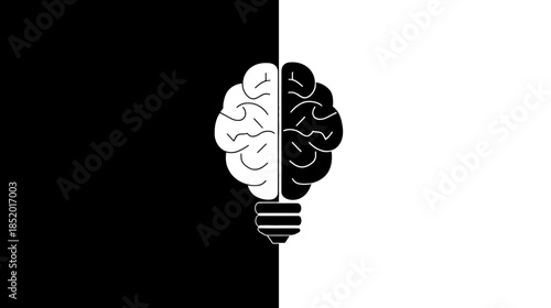 Conceptual Brain Lightbulb Illustration: Duality of Logic, Creativity, and Innovation on a Striking Black and White Background