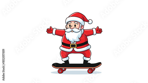 Cute cartoon Santa Claus wearing his red suit and hat, happily balancing on a skateboard with his arms outstretched.
