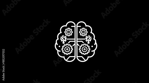 AI Brain Icon with Gears and Circuit Elements on Black, Symbolizing Artificial Intelligence, Machine Learning, Data, and Innovation