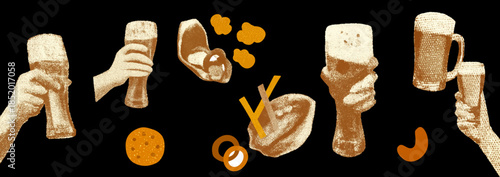 Trendy Halftone Beer Collage – Cutout Hands & Doodle Snacks in Retro Style