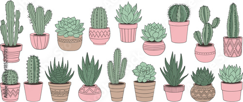 Flat Cartoon Cactus Succulent Vector Set for Home Decor Botanical and Nursery Designs