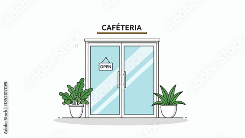 Cafeteria Entrance with Open Sign and Potted Plants.