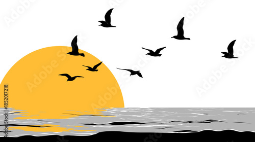 Minimalist vector graphic of a serene sunset or sunrise over the ocean, with flying bird silhouettes and reflections on the water.