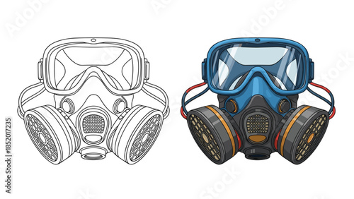 Detailed illustration of a respirator gas mask with filters and goggles, shown in both full color and black and white outline.