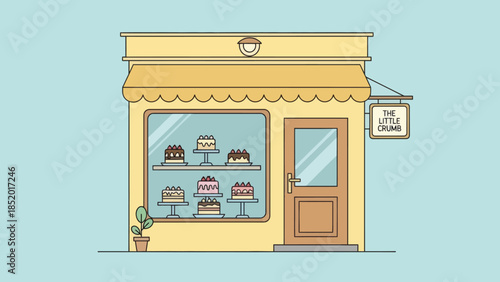 Charming Bakery Shopfront with Delicious Cakes on Display.