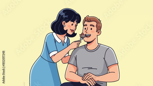 Caring woman feeding her partner with a spoon showing affection and support in a domestic setting.