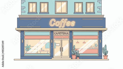 Charming Coffee Shop Facade with Inviting Ambiance.