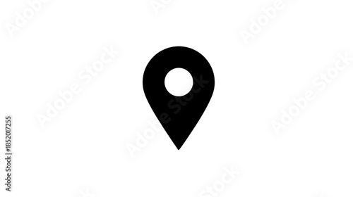 Black location pin icon, simple map marker for GPS navigation, pinpointing address, and place pointer symbol on white background.