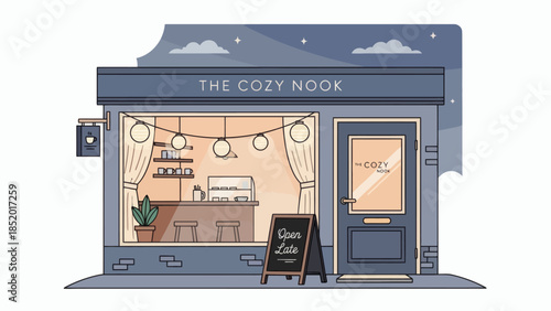 Charming Cozy Nook Coffee Shop Exterior at Dusk.
