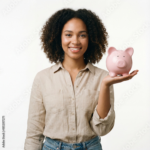 young woman holding piggy bank