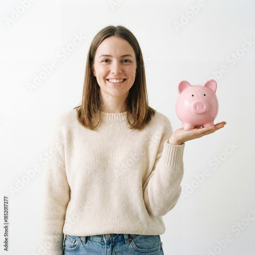 young woman holding piggy bank