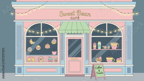 Charming Pastel Cafe Exterior with Sweet Treats and Cozy Lighting.
