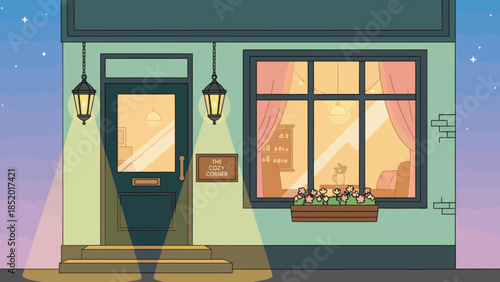 Charming Storefront at Dusk with Warm Interior Glow.