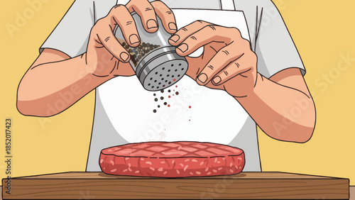 Chef seasoning raw meat with pepper from a shaker preparing a meal on a wooden board.