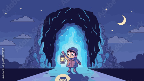 Child with lantern exploring a glowing cave entrance at night under a crescent moon.