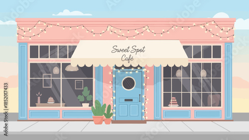Charming Sweet Style Cafe Exterior with Blue and Pink Facade.