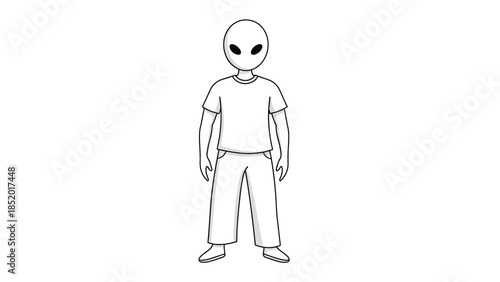 Simple black and white line drawing of a generic humanoid alien character standing in a neutral pose with large eyes.