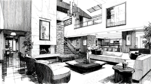 Architectural sketch of modern luxury open-plan living room interior. Spacious lounge design concept with fireplace and elegant staircase.