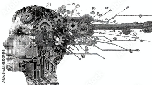 AI human head profile with gears, circuits, and data flowing, symbolizing artificial intelligence, deep learning, and advanced technology.