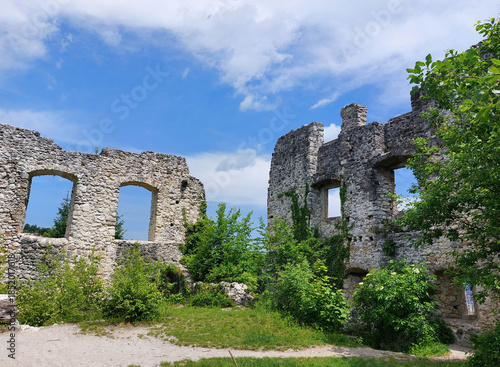 ruins. Stone walls with windows of old castle Samobor. Green plants and blue sky. Croatia