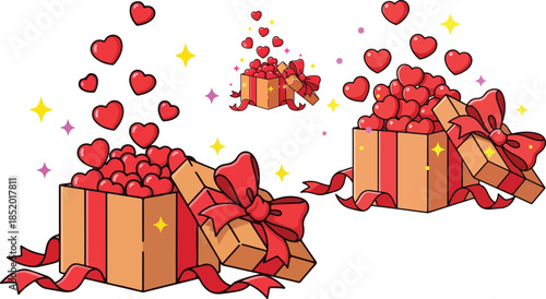 Collection of open cartoon gift boxes overflowing with red hearts and sparkling lights on transparent background