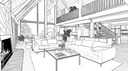 Architectural line drawing of a modern, spacious luxury living room interior with a fireplace, high ceilings, large windows, and loft area
