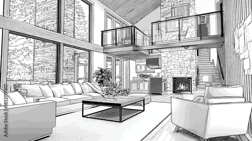 Hand-drawn architectural illustration of a modern living room interior design. Spacious open concept home with high ceilings, fireplace, and large windows.