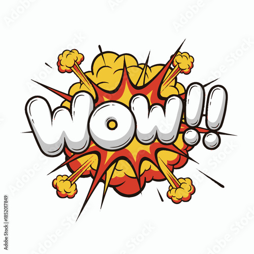 Comic style explosion with WOW text expressing surprise and excitement.