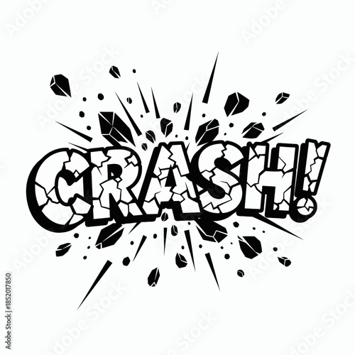 Comic book style word CRASH with shattered text and explosion effect.