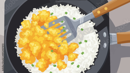 Cooking Delicious Scrambled Eggs with Rice in a Frying Pan.