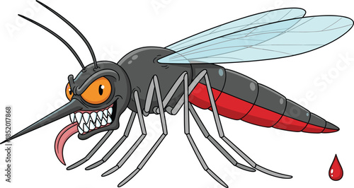 Angry cartoon mosquito character with blood filled belly, scary insect pest vector illustration isolated on white background, dengue malaria virus danger concept