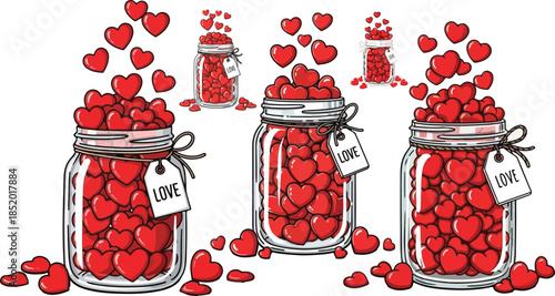 Three charming mason jars overflowing with small red hearts symbolizing endless love on transparent background