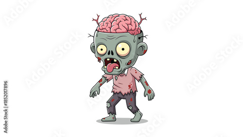 Cute and goofy cartoon zombie character with a large exposed brain, walking with a dazed expression and his tongue out.
