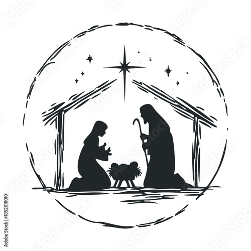 A reverent silhouette of the Holy Family, Mary, Joseph, and baby Jesus in a manger under the Star of Bethlehem, ideal for Christmas holiday cards and spiritual event decorations.