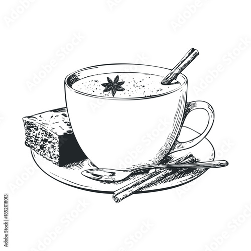 Comforting spiced beverage in a cup with cinnamon and star anise, on a saucer with a cake slice and spoon, perfect for cozy culinary promotions, recipe blogs, or cafe menus
