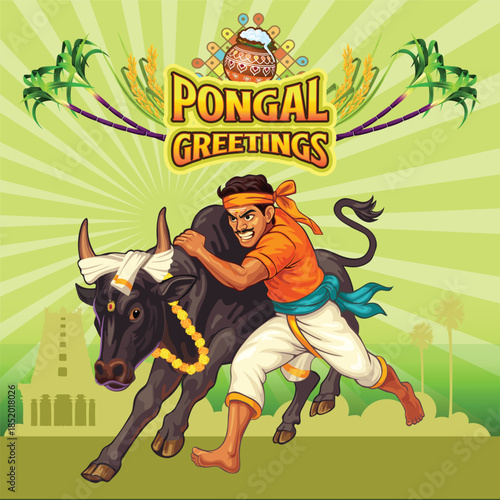 Pongal Greetings with bull and player Traditional Jallikattu game
