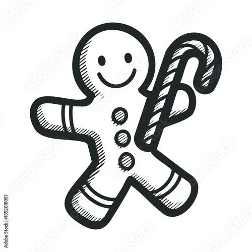 A delightful black and white hand drawn sketch of a cheerful gingerbread man holding a striped candy cane, perfect for holiday season greetings, festive decorations, and sweet themed