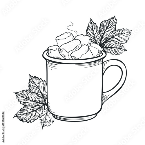Hand drawn sketch of a cozy warm drink in a mug topped with fluffy marshmallows and fresh aromatic mint leaves perfect for winter beverage packaging or festive holiday event invitations