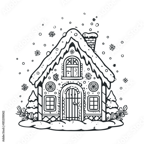 Charming gingerbread house covered in fluffy snow with delicate falling snowflakes creating a cozy winter holiday scene, perfect for Christmas decorations and seasonal greeting invitations.