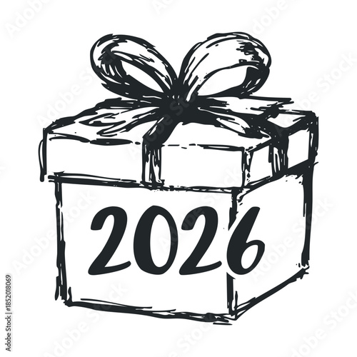 Black and white hand drawn sketch of a gift box with a ribbon and bow, featuring the year 2026, ideal for holiday greetings, New Year celebrations, or future event promotions