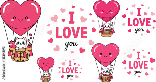 Adorable kawaii kitten riding pink heart shaped hot air balloons with i love you text on transparent background