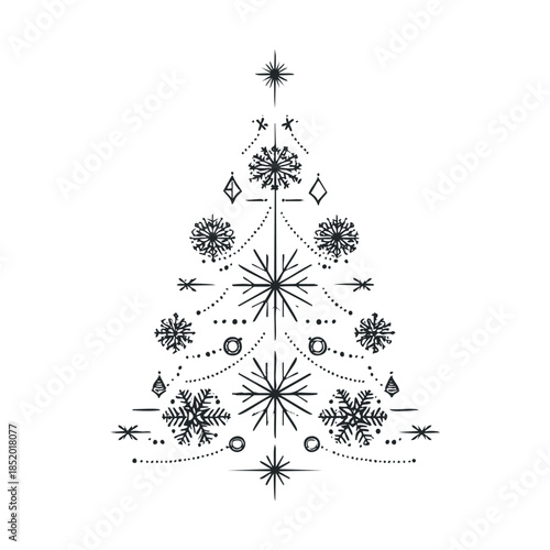 Decorative abstract winter wonderland tree silhouette with snowflakes and stars, perfect for seasonal greetings, holiday promotions, or festive event invitations and decor