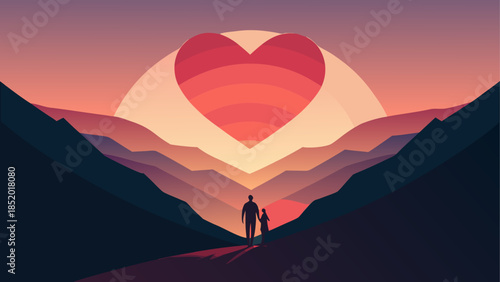 Couple walking under a heart-shaped sun